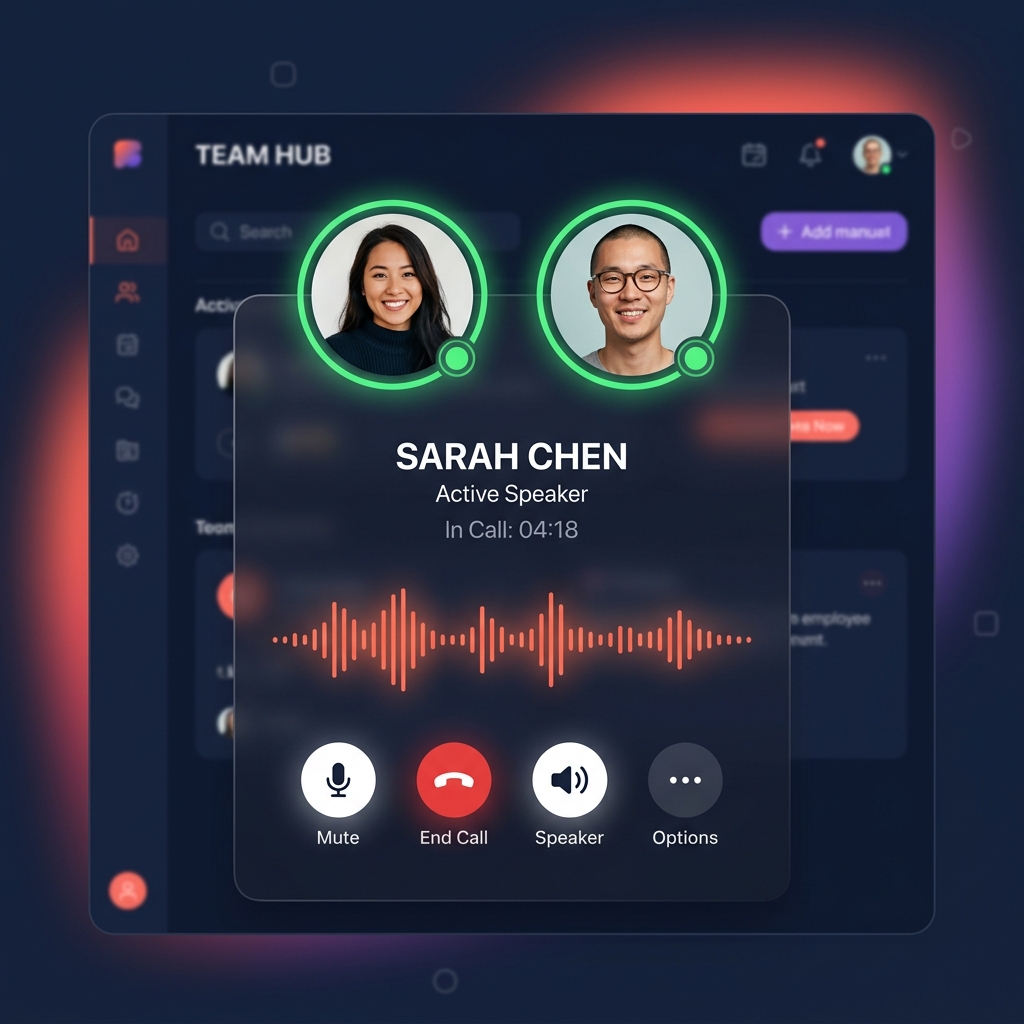 Flow Line voice and video calling interface showing a live team call